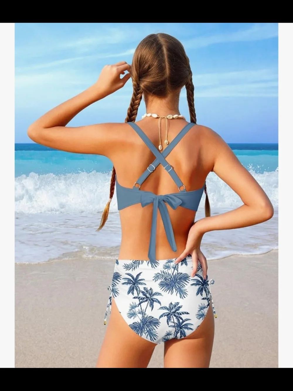 Blue‎ Twist-Front Bikini Top White Palm-Print High-Waist Bottom Girls Teen 11/12